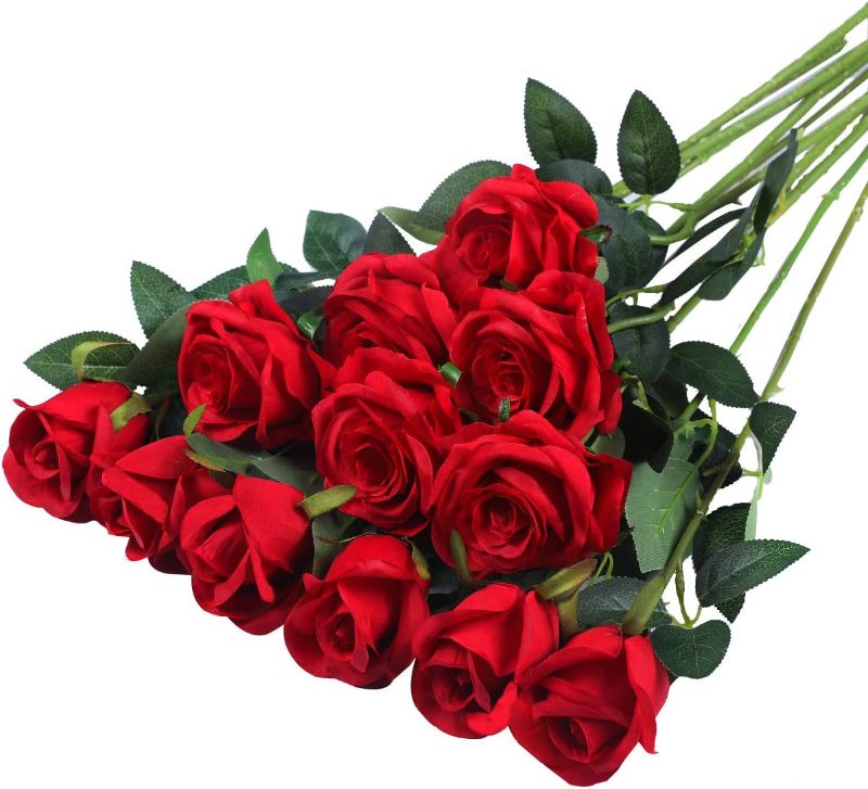 Photo 1 of 10PCS Artificial Silk Flowers Realistic Roses Bouquet Long Stem for Home Wedding Decoration Party (A-Red)
