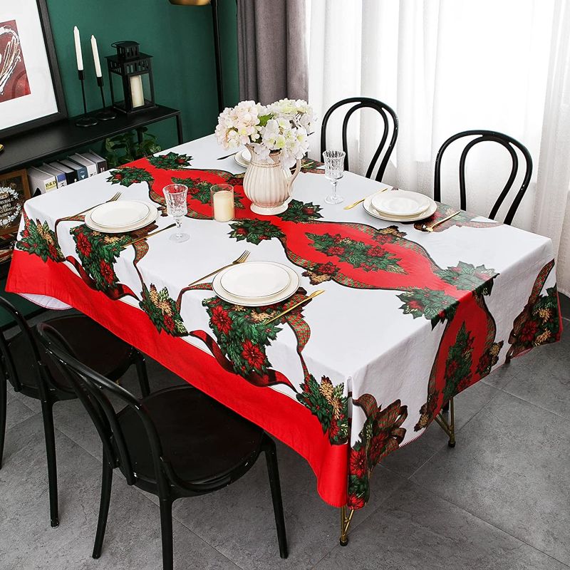 Photo 1 of Christmas Tablecloth?Flannel Backing Vinyl Tablecloth Waterproof Oil-Proof Stain Resistant PVC Table Cover for Kitchen (Christmas Ribbon, 60 x 102 inch)