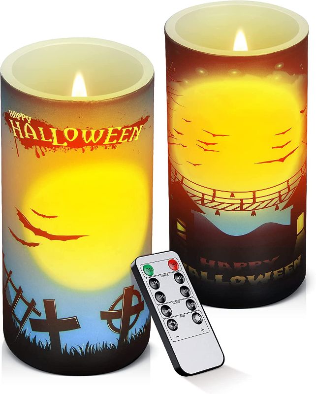 Photo 1 of Aku Tonpa Halloween Flameless Candles with Remote Control Timer, Battery Operated LED Candle Set, Spooky Bat Decal for Halloween Home Decoration Gifts (2 Pack, 3” x 6”)