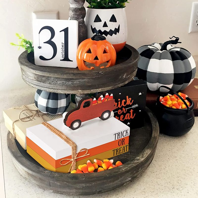 Photo 1 of .R HORSE Fall Tiered Tray Decor Set of 3 Wood Sign Fall Halloween Ornament, Autumn Home Decor Harvest Pumpkin Wood Blocks Trick or Treat Wooden Signs for Table Shelf Decoration -- FACTORY SEALED 
