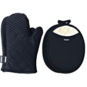 Photo 1 of Honla Pot Holders and Oven Mitts Gloves with Silicone Printed,2 Hot Pads and 2 Potholders Set,4 Piece Heat Resistant Kitchen Linens Set for Cooking,Baking,Grilling,Barbecue,Black

