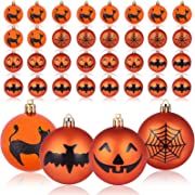 Photo 1 of 34 Pcs Halloween Ball Ornaments Shatterproof Halloween Decorations Tree Balls Spider Web Pumpkin Face Black Cat Bat Printed Balls for Halloween Party Haunted House Club Bar Holiday Hanging Decor
