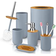 Photo 1 of 6 Pcs Bamboo and Plastic Bathroom Accessories Sets, Includes Toothbrush Cup, Toothbrush Holder, Soap Dispenser, Soap Dish, Toilet Brush with Holder, Trash Can, with 3 Pcs Toothbrushes (Grey)
