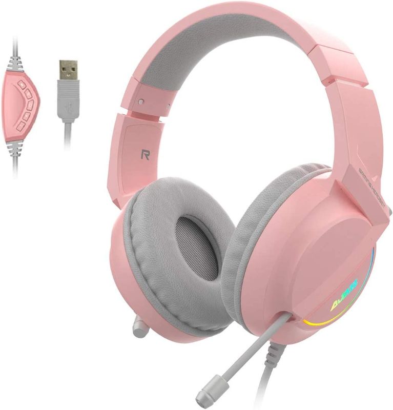 Photo 1 of FIRSTBLOOD ONLY GAME. AX365 Gaming Headset, 7.1 Stereo Surround Sound, Independent Wire Control, Retractable Noise Canceling Mic, Over Ear Headphone, LED Light Soft Memory Earmuffs, Pink
