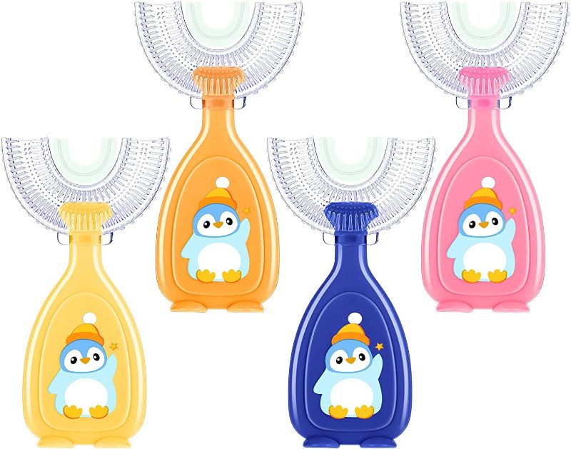 Photo 1 of 4 Pieces Kids U Shaped Toothbrush Manual Training Tooth Brush Whitening Massage Toothbrush Whole Mouth Toothbrush for Kids 2-12 Years (Yellow, Orange, Blue, Pink, Penguin Style)
