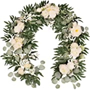Photo 1 of Artificial Eucalyptus Rose Garland 6FT with Drapes, Handcrafted Garland Flowers for Wedding Arch, DIY Wedding Flowers for Party Bridal Shower Reception Table Decoration (Ivory White Table Flowers)
