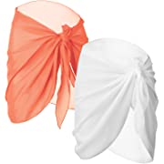 Photo 1 of 2 Pieces Sarong Coverups for Women Bathing Suit Wrap Swimsuit Skirt Beach Bikini Cover Up Swimwear Chiffon (White, Orange)
