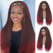 Photo 1 of Burgundy Headband Wig for Black Women 22 Inch Kinky Straight Headband Wig Easy to Wear Synthetic Wigs with Headband attached Glueless None Lace Red Headband Wigs for Everyday Use (22 inch, 1B/BUG)
