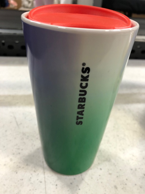 Photo 2 of ?NEW-Starbucks 2022 Blue Green Stripe Travel Cup Ceramic Tumbler 12oz?
