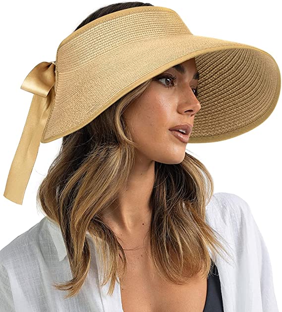 Photo 1 of Camptrace Sun Visors for Women Wide Brim Beach Hat UPF 50+ Roll-up Straw Sun Hat Ponytail Summer Packable Hats for Women
