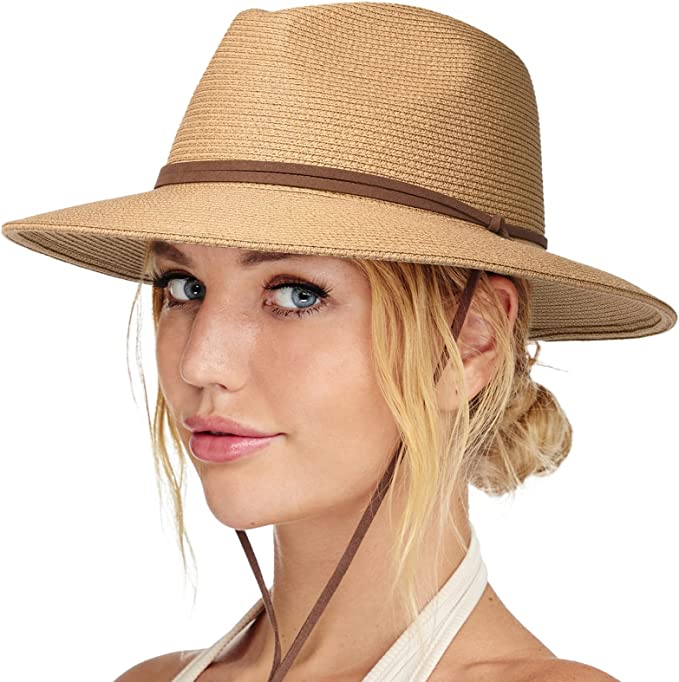 Photo 1 of Womens Summer Straw Sun Hats Wide Brim Panama Fedora Beach Hat with Wind Lanyard UPF 50+

