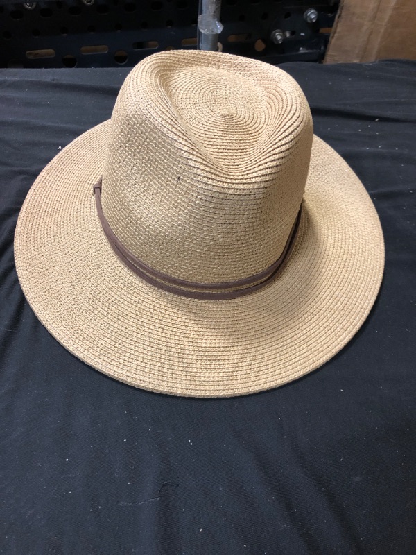 Photo 3 of Womens Summer Straw Sun Hats Wide Brim Panama Fedora Beach Hat with Wind Lanyard UPF 50+
