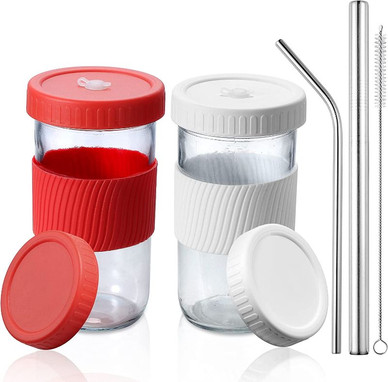 Photo 1 of 2 Pack 22 oz Reusable Smoothie Cups Boba Tea Cups Mason Jars, Including 4pcs Stainless Steel Straws and 2pcs Cleaning Brushes (White&Red)
