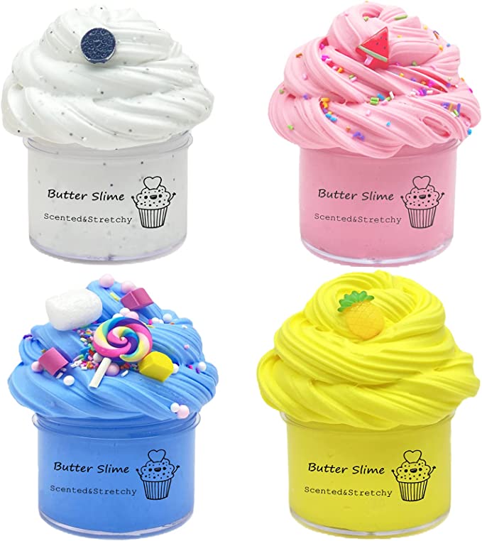 Photo 1 of 4 Pack Butter Slime Kit Party Favors with Blue, White, Pink and Yellow Colored Slime, Super Soft and Non-Sticky, Birthday Gifts for Kids Girls Boys
