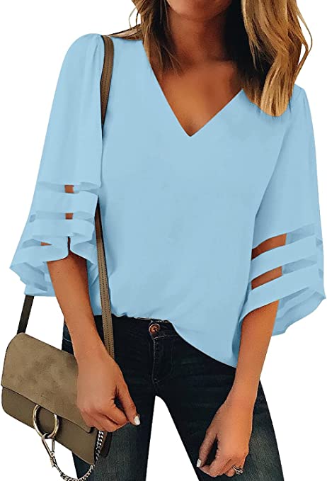 Photo 1 of  Dressy Tops for Women Women's Summer Casual V Neck Mesh Panel 3/4 Bell Sleeve Loose Blouse Top SIZE L 
