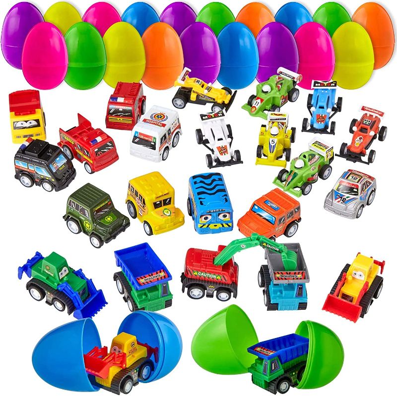 Photo 1 of 24 Filled Easter Eggs Filled with Toy Cars - Large 2 3/4 Inch Plastic Egg for Easter Basket Stuffers, Kids Birthday Party Favors, Goodie Bags, Pinata Surprise, Mini Gifts - by BisBi Toys
