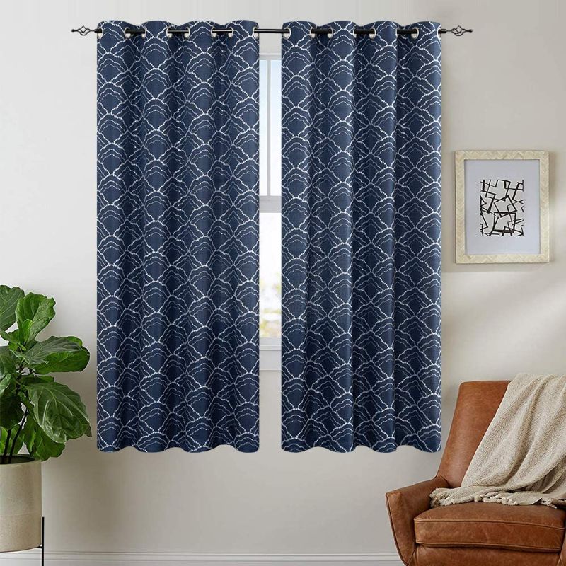 Photo 1 of Blue Curtains Moroccan Trellis Pattern Embroidered Grommet Silver Sequin Bling Design Linen Textured Bedroom Living Room Window Curtain Drapes 63 inch 2 Panels
