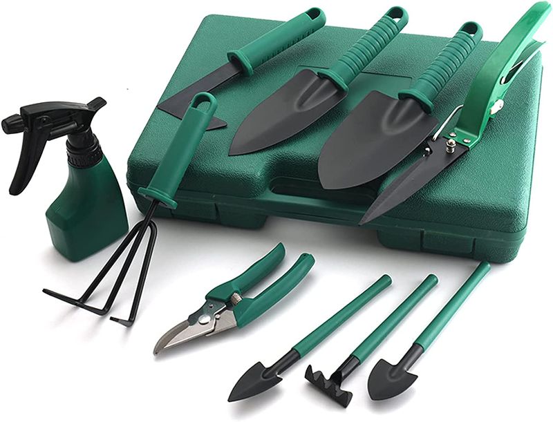 Photo 1 of  Garden Tool Set, 10-Piece Garden Tool with Suitcase, Including Gardening Gifts (Green) for Men and Women Such as Pruning Machine, Mini rake, Shovel, Sprayer, Weeder, Scissors, etc.
