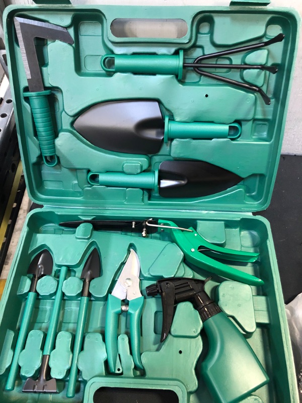 Photo 2 of  Garden Tool Set, 10-Piece Garden Tool with Suitcase, Including Gardening Gifts (Green) for Men and Women Such as Pruning Machine, Mini rake, Shovel, Sprayer, Weeder, Scissors, etc.
