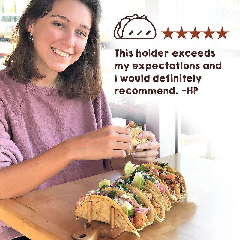 Photo 1 of Wooden Taco Holder Tray Stand - Classic Rack Holds 6 Soft or Hard Shell Tacos – Great for Tortillas, Burritos, Home, Parties, Food Trucks, & Restaurants - By Trendy Together
