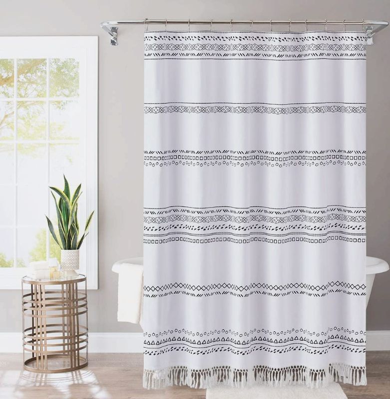 Photo 1 of Artisyne Bohemain 100% Cotton Striped Fabric Shower Curtain,Black and White Shower Curtain with Tassels,Modern Chic Triangle and Geometric Patterned Bath Curtain 72" Wx72 H
