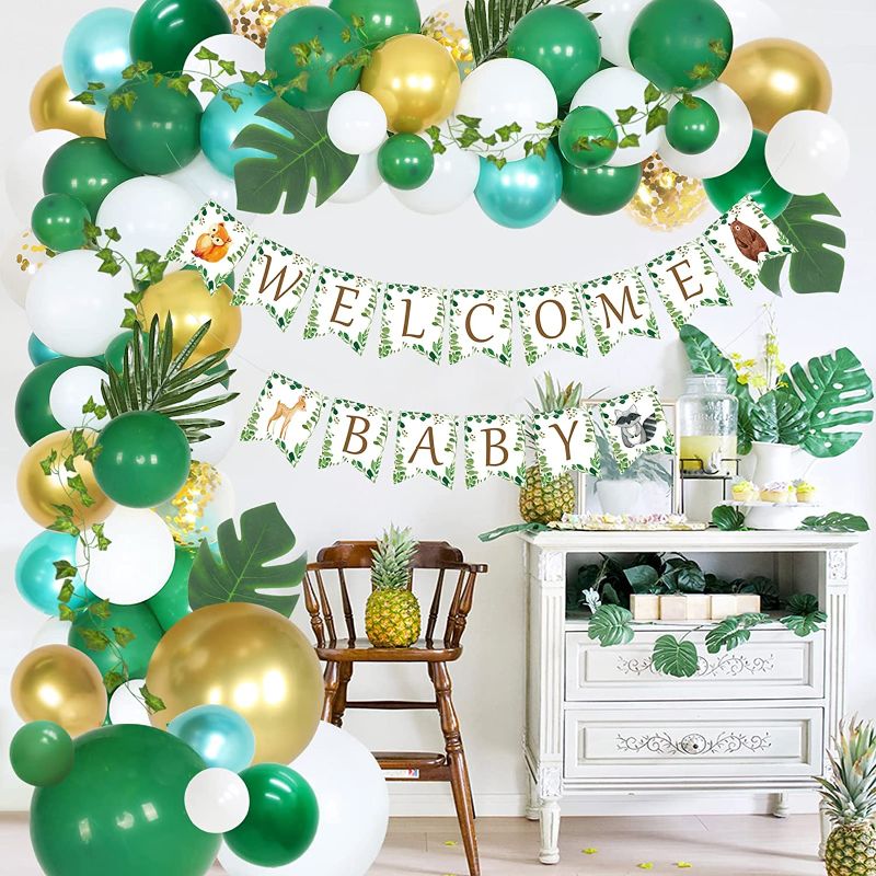 Photo 1 of Woodland Baby Shower Decorations Jungle Safari Theme Party Supplies with Lush Green Balloon Garland Arch Kit, Welcome Baby Banner, Tropical Palm Leaves for Boys and Girls Baby Shower Party Decorations
