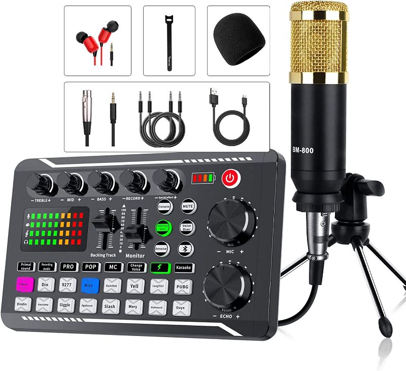 Photo 1 of Podcast Equipment Bundle, Audio Interface with DJ Mixer and Sound Mixer, Portable ALL-IN-ONE Podcast Production Studio with Condenser Microphone for Guitar, Live Streaming, PC, Recording and Gaming  -- FACTORY SEALED --
