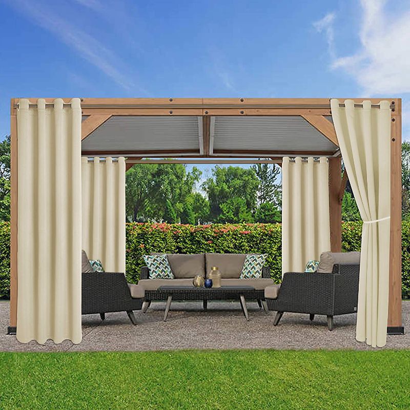 Photo 1 of  Waterproof Indoor/Outdoor Curtains for Patio - Thermal Insulated, Sun Blocking Blackout Curtains for Bedroom, Porch, Living Room, Pergola, Cabana, 52 x 84 inch, Cream, Set of 2 Panels
