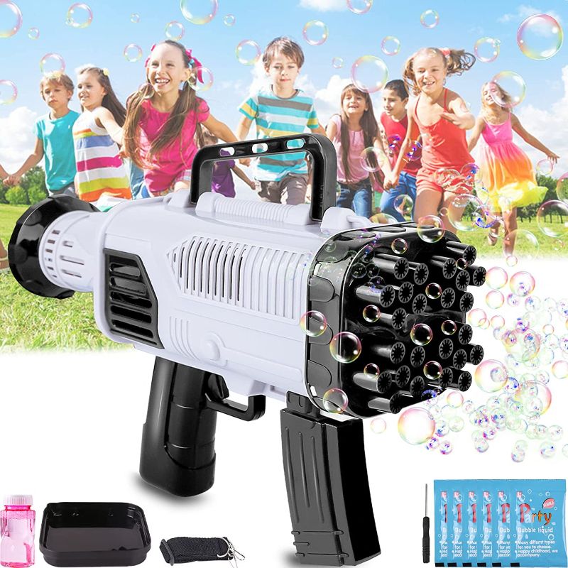 Photo 1 of Bubble Gun Rocket Bubble Blowers Machine, 5000+ Bubbles Per Min,7 Packs Bubble Solution, Big Bubble Blowers Maker for Wedding Summer Party Outdoor Toy, Great Gift Idea for Adults Boys Girls  -- FACTORY SEALED --
