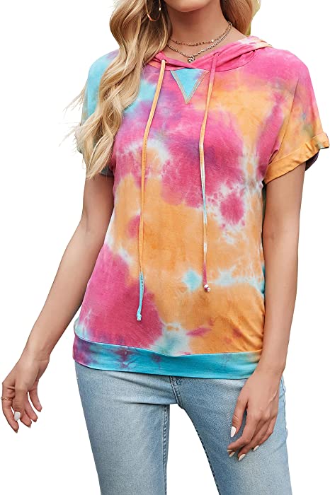 Photo 1 of  Womens Casual Tunic Tops Short Sleeve Tie Dye Shirts Drawstring Pullover Hoodie SIZE XL 
