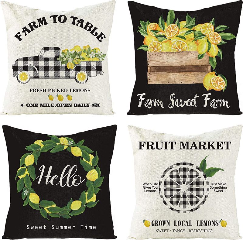 Photo 1 of  4Pcs Summer Lemon Throw Pillow Covers Buffalo Check Plaids Cushion for Couch Black & White Grid Rustic Truck and Words Sweet Summer Time Linen Cloth Pillow Cases Home Outdoor Decor In 18"x 18"
