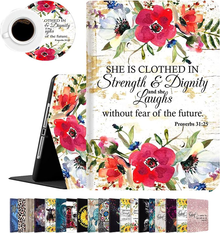 Photo 1 of Case for iPad Mini 5/4/3/2/1 and Coasters Set - Light Weight Shock Proof with Auto Sleep/Wake Stand Case for iPad Mini 5th/4th Gen 7.9 Inch, Proverbs 31-25 Christian Quotes Bible Verse Red Flowers
