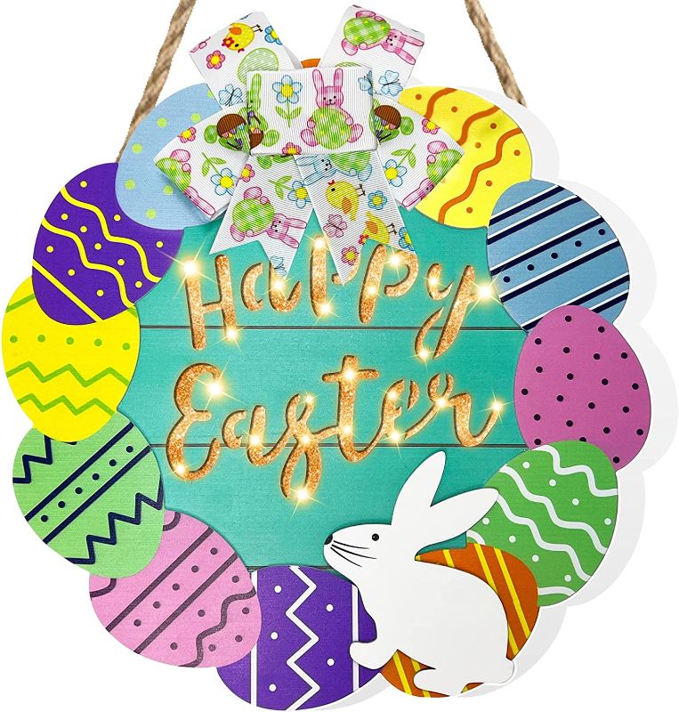 Photo 1 of 12" Lighted Happy Easter Door Sign Wreath Front Door Decorations, Easter Eggs Bunny Rabbit Spring Wreath Battery Operated with Timer Wooden Hanging Sign Easter Door Decor Home Outdoor Indoor Wall --FACTORY SEALED --
