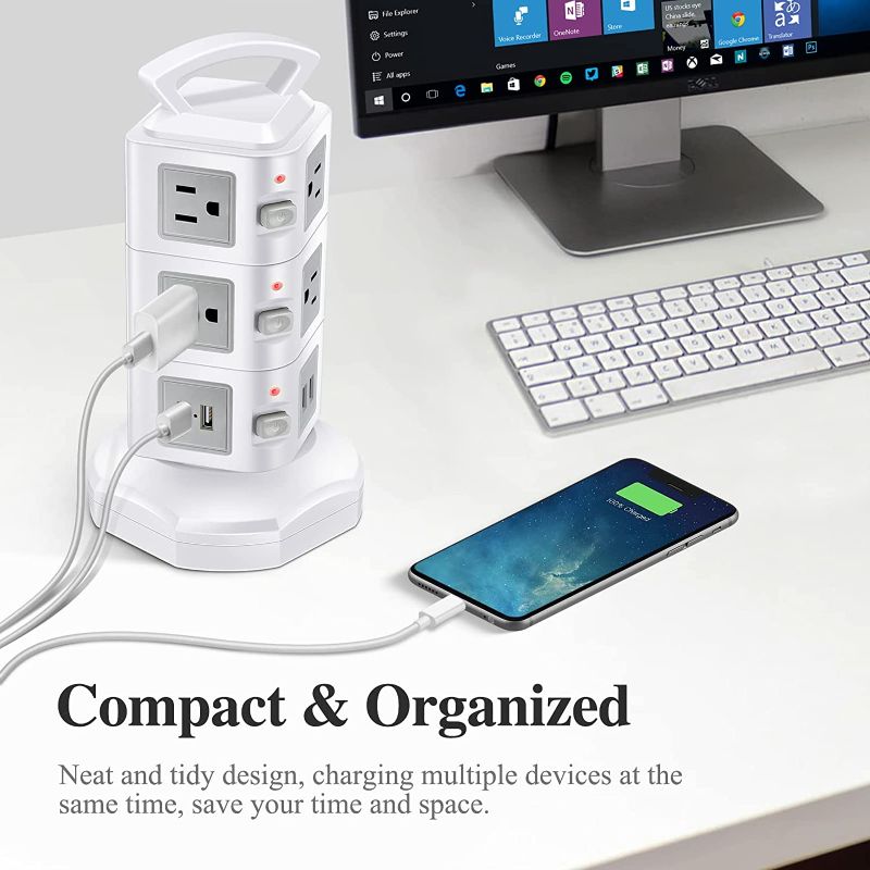 Photo 1 of Desktop Power Strip Tower - Multi Plug Power Station with 10 Outlets + 4 USB Charging Ports - Retractable Extension Cord for Desk Organizer, Home Office Accessories - Grey White Surge Protector
