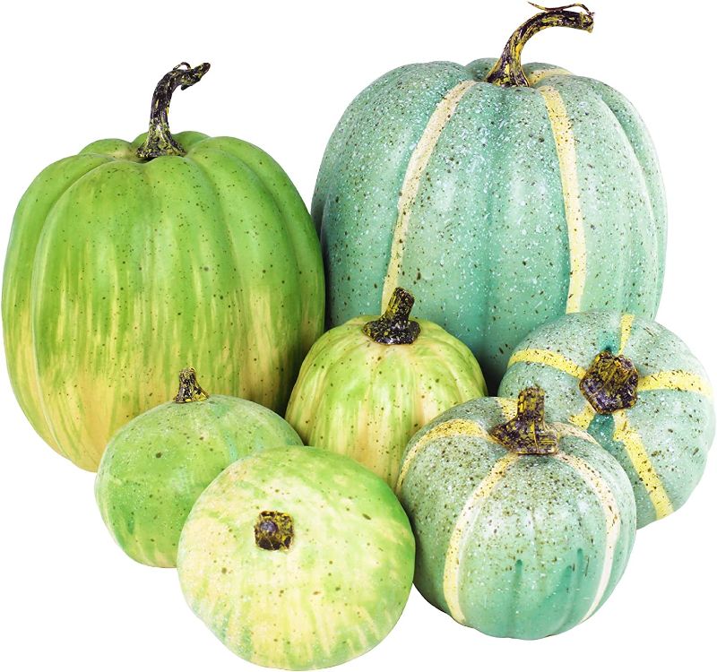 Photo 1 of 7 Pcs Assorted Artificial Teal Green Pumpkins Harvest Pumpkins Decorative Pumpkins Foam Pumpkins for Farmhouse Rustic Fall Thanksgiving Halloween Table Centerpiece Mantel Kitchen Decor
