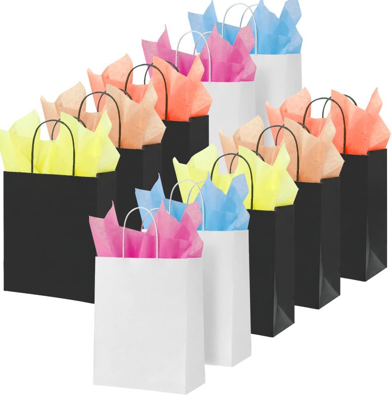 Photo 1 of 24 Small Gift Bags with Tissue, 10.5 Inch Gift Bags with Handles, Favor Bags, Party Bags, Gift Bags for Weddings, Birthday Parties, Valentines, Easter (Black, 12 pcs, White, 12 pcs, tissues, 24 sheets)
