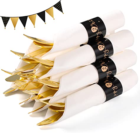 Photo 1 of 2nd Birthday Party Supplies - 12 Pack Baby’ Party Silverware, Gold Plastic Sliverware Set, Utensil Disposable Combo Knife Spoon Fork Napkin Supplies for Birthday Party
