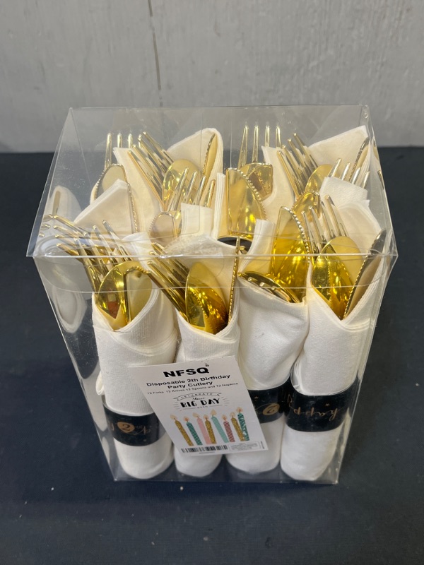 Photo 2 of 2nd Birthday Party Supplies - 12 Pack Baby’ Party Silverware, Gold Plastic Sliverware Set, Utensil Disposable Combo Knife Spoon Fork Napkin Supplies for Birthday Party
