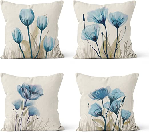 Photo 1 of Blue Throw Pillow Covers 18 x 18 Pack of 4?Outdoor Pillows Summer Decorative Pillows Linen Cushion Covers for Livingroom, Farmhouse Modern Pillow Cases for Sofa Couch Bed
