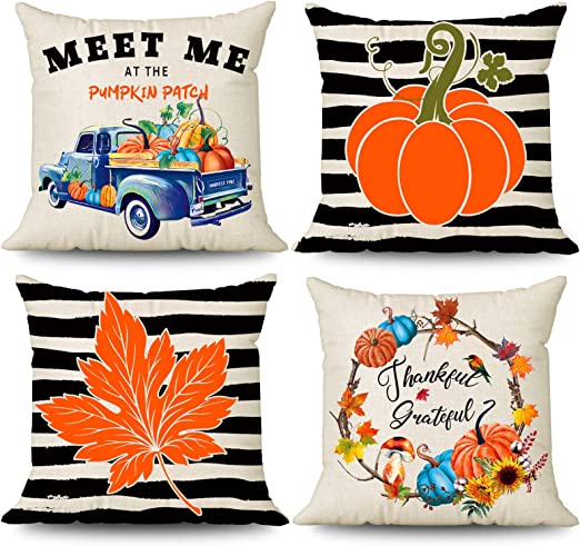 Photo 1 of 4 Pcs Thanksgiving Fall Pillow Covers 18x18, Linen Watercolor Stripe Pumpkin Truck Maple Leaves Farmhouse Throw Pillow Covers, Indoor Outdoor Cushion Cases for Couch Bed Sofa Home Decors
