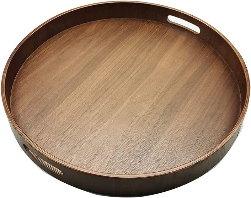 Photo 1 of 16" Large Round Wooden Serving Tray with 2”Sides, Circle Walnut Food Storage Display Platter Plate with Handles, Decorative Wood Tray for Coffee Table, Ottoman, Vanity, Kitchen, Bathroom
