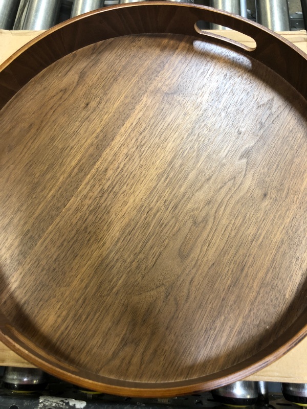 Photo 2 of 16" Large Round Wooden Serving Tray with 2”Sides, Circle Walnut Food Storage Display Platter Plate with Handles, Decorative Wood Tray for Coffee Table, Ottoman, Vanity, Kitchen, Bathroom
