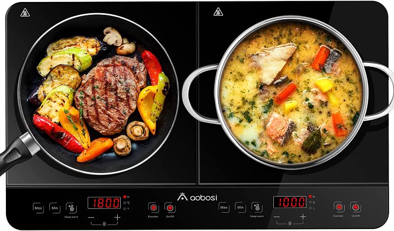 Photo 1 of Aobosi Double Induction Cooktop Burner with 240 Mins Timer, 1800w 2 Induction Burner with 10 Temperature 9 Power Settings, Portable Dual Induction Cooker Cooktop with Touch Sensor Control & Child Safety Lock
