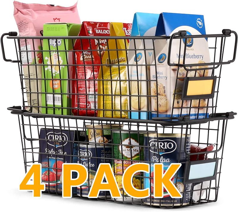 Photo 1 of 4 Pack [ XL Large ] STACKABLE Wire Baskets for Organizing - Pantry Storage and Organization Metal Bins for Produce, Food, Fruit - Kitchen Bathroom Closet Cabinet, Countertop, Under Sink Organizer
