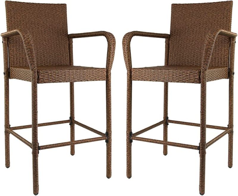 Photo 1 of Amazon Brand - Ravenna Home Set of 2 Outdoor Patio High-Back Barstools with Arms, Weather-Resistant PE Rattan Wicker - Brown---------missing some items / hardware
