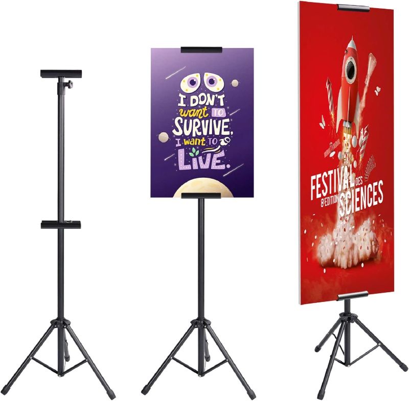 Photo 1 of  Heavy Duty Tripod Banner Stand, Adjustable Poster Stand Retractable Height Up to 79.9 inches, Double-Sided Floor Standing Sign Holder for Board Sign Display
Brand: AKTOP