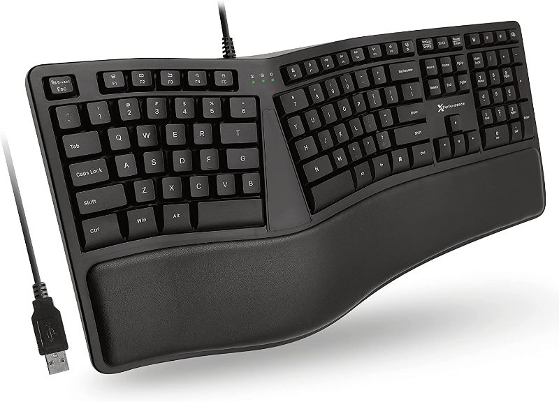 Photo 1 of X9 Performance Ergonomic Keyboard Wired with Wrist Rest - Type Comfortably Longer - USB Wired Keyboard for Laptop with Cushion, 110 Keys, and 5ft Cable - Split Keyboard for PC, Ergo Computer Keyboard
