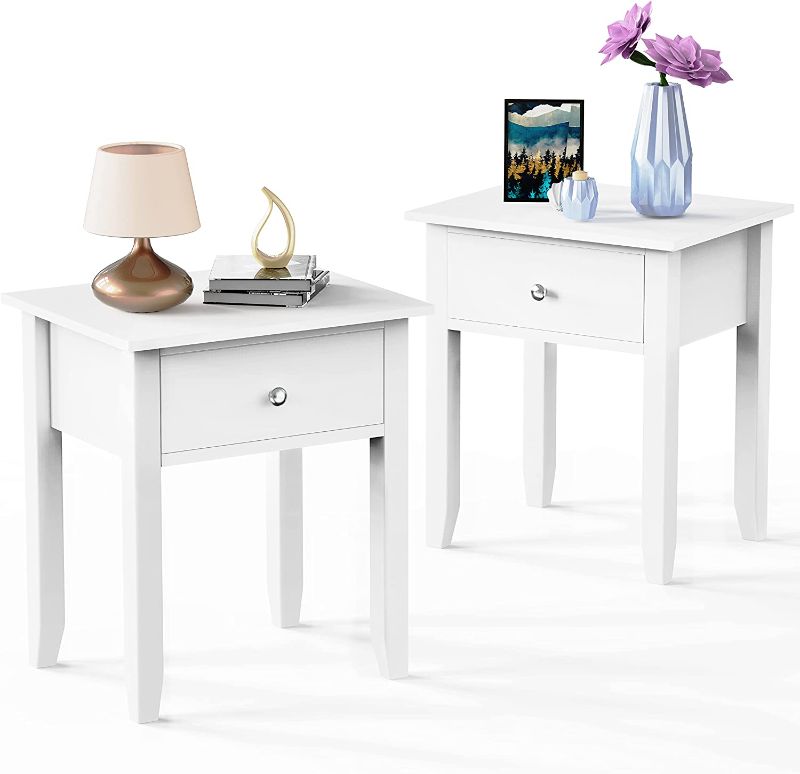 Photo 1 of Nightstand Set of 2, Bedside End Table with Drawer Storage, Wood Night Stands for Living Room Bedroom, White
