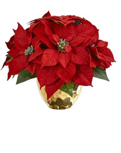 Photo 1 of 1963 Poinsettia Artificial Arrangement in Golden Vase
