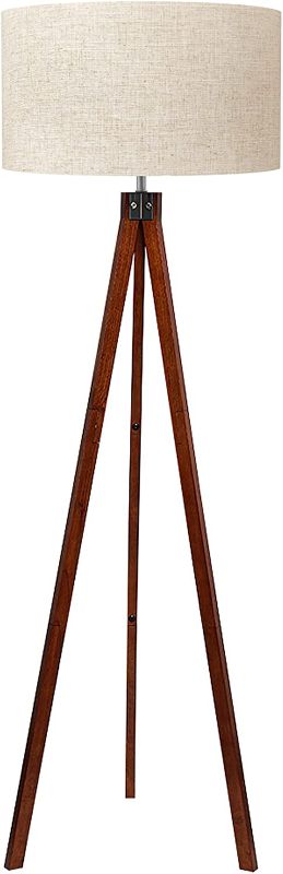 Photo 1 of LEPOWER Wood Tripod Floor Lamp, Mid Century Standing Lamp, Modern Design Studying Light for Living Room, Bedroom, Study Room and Office, Flaxen Lamp Shade with E26 Lamp Base
